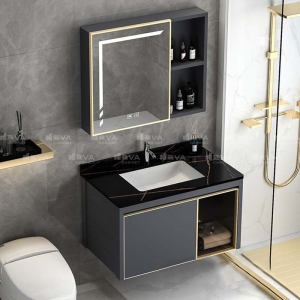 Bộ Tủ Chậu Lavabo Nhôm Mặt Đá Chống Trầy Đen Viền Vàng Liền Gương LED Navier NV-528